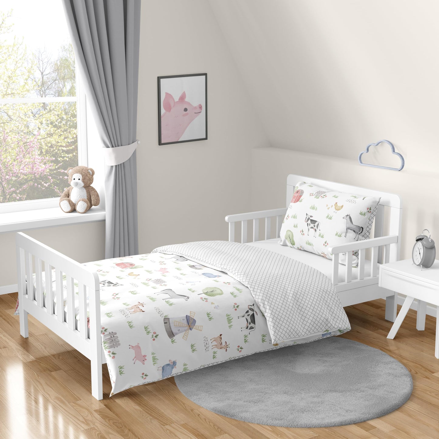 Sweet Jojo Designs Farm Animals Boy Girl Toddler Kid Childrens Comforter Bedding Set - 5 Pieces Comforter, Sham and Sheets - Watercolor Farmhouse Lattice Horse Cow Sheep Pig