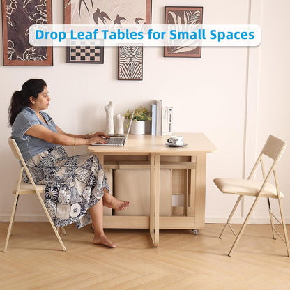 VASTATIO Folding Dining Chairs and Table Set, Space-Saving Dining Table and 2 Padded Steel Frame Folding Chairs(Wood), Drop Leaf Dining Table with Extra Large Storage Space and 2 Drawers