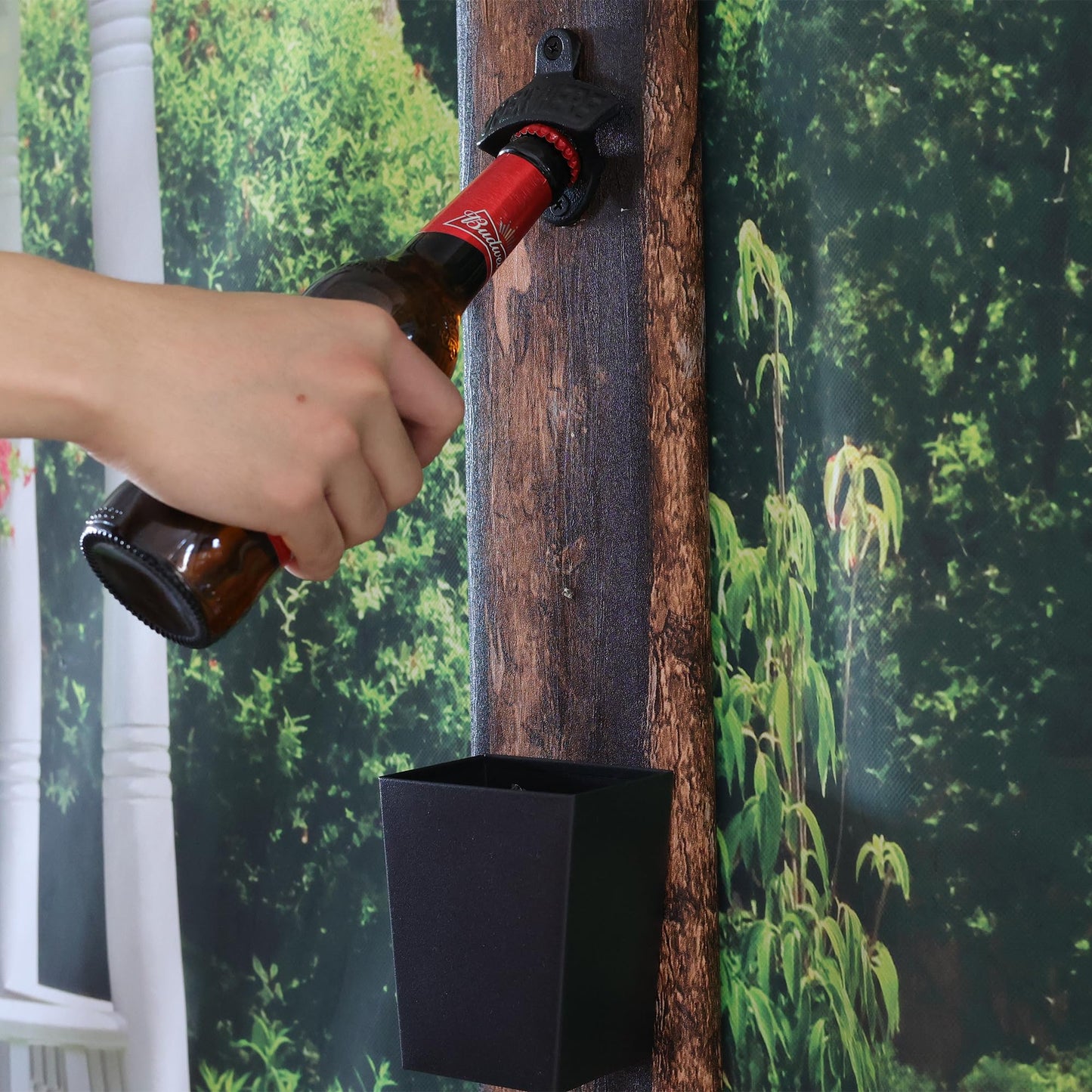 Jumiok Satin Black Cast Iron Bottle Opener Wall Mounted with Bottle Cap Catcher Narrow