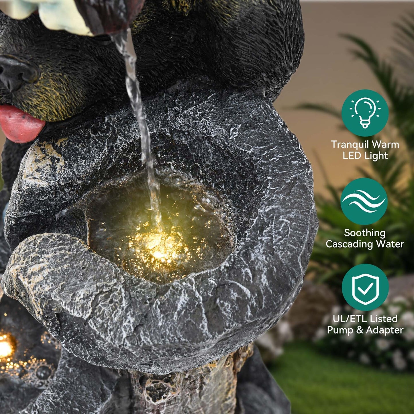 Ultym 37.5" H Resin Playful Twin Bear Fountain Outdoor, Whimsical Multi-Tiered Stone Vessel Water Feature Outdoor with Lights, Soothing Cascading Waterfall for Patio, Backyard, Garden or Porch