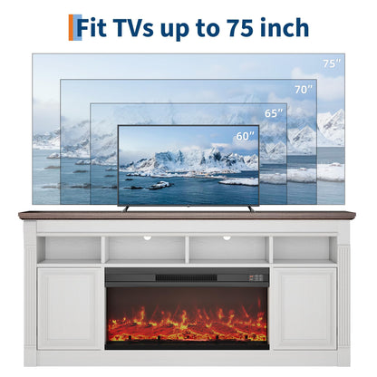 GAOMON 68 Inch Fireplace TV Stand for TVs Up to 75", Entertainment Center with 36'' Corded Electric Fireplace, Remote Controlled Realistic 3D Flame, Console Table with Storage Shelves, White+Brown
