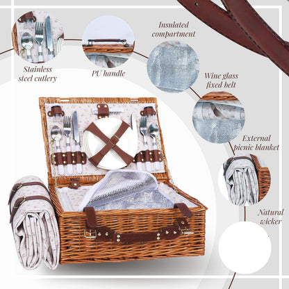 Picnic Baskets Wicker Willow Picnic Set for 4 Persons with Insulated Cooler Bag and White Floral Waterproof Picnic Blanket Gift for Christmas Thanksgiving Wedding Birthday Camp Outdoor Beach Travel