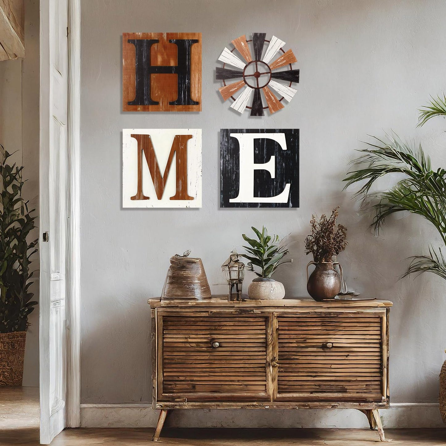 Novabright 4 Pcs Farmhouse Wall Decor 3D Wooden Home Sign with Windmill for O, Rustic Wood Letters Decorative Wall Art Decor for Living Room Kitchen Bedroom, Entryway Housewarming Gift