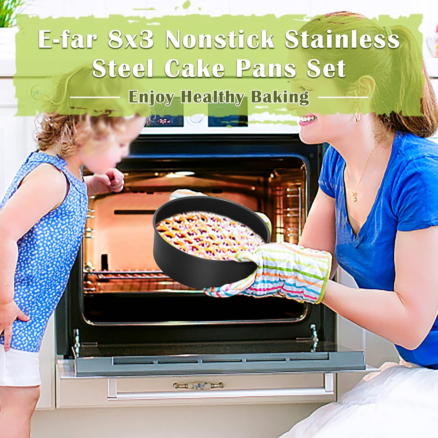 E-far 8 x 3 Inch Cake Pan Set of 2, Nonstick Stainless Steel Round Pans for Baking Birthday Wedding Layer Cakes