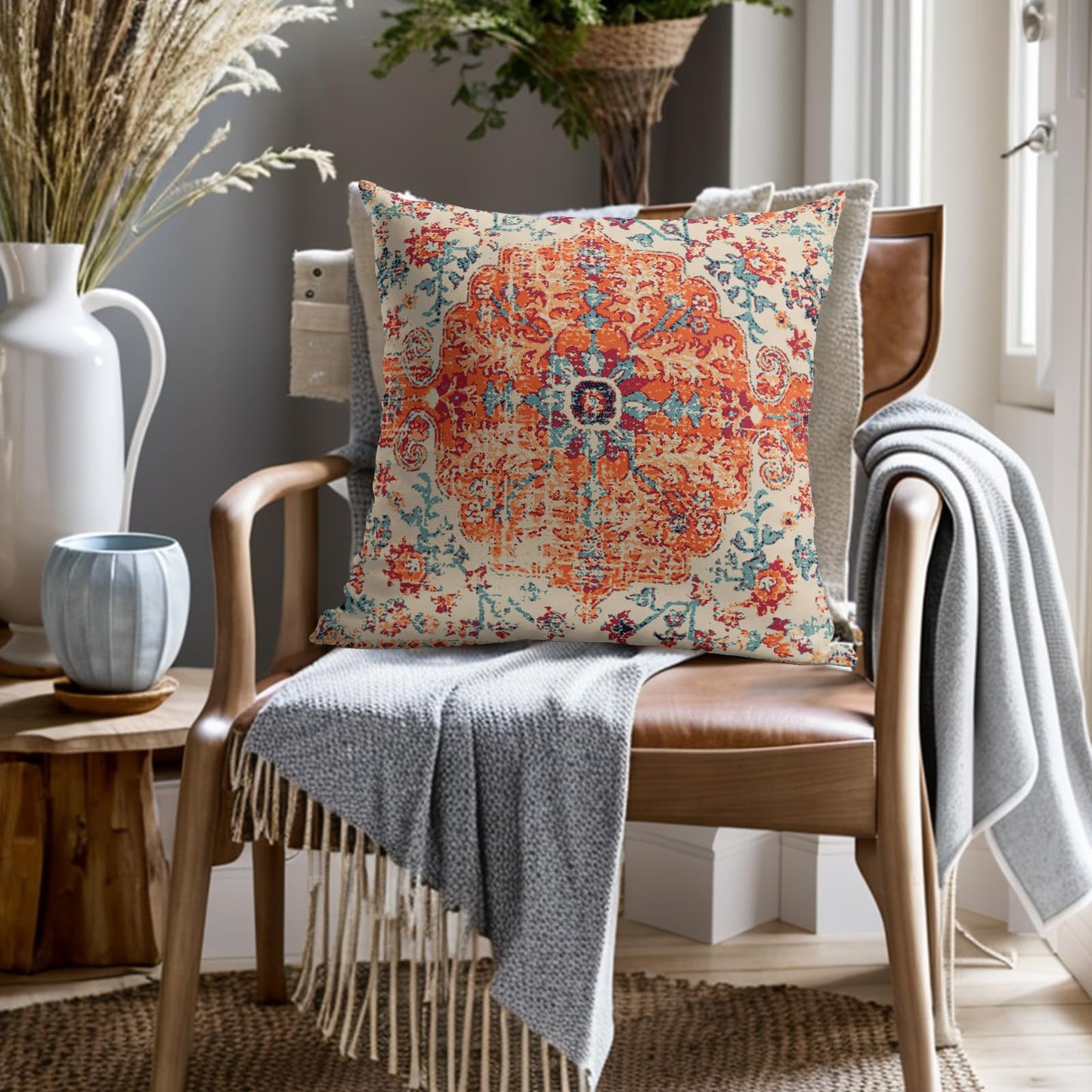 Boho Ethnic Pillow Covers 18x18 Inch Set of 2 Bohemian Rust Carpet Throw Pillows For Couch Burnt Orange Blue Teal Geometric Decorative Pillow Cases Farmhouse Home Decor For Couch Sofa Room Outdoor