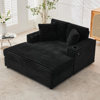 Garvee 60" Oversized Chaise Lounge Chair Indoor, Corduroy Upholstered Sleeper Sofa Bed w/Cup Holder & Charging Port, Cloud Couch Sofa Chair w/Throw Pillows & Wide Arms for Living Room, Bedroom,Black