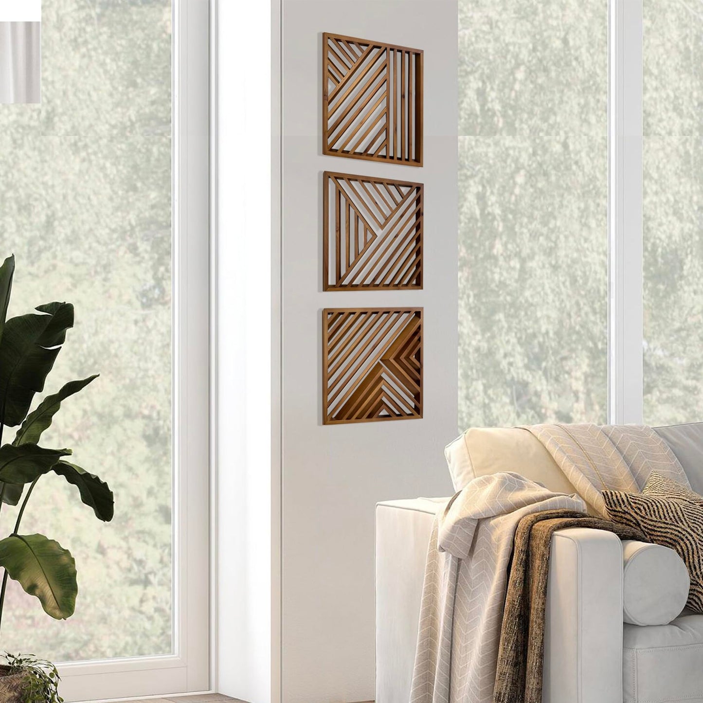 Musanpou Wooden Geometric Home Wall Decor Slatted Wood Design Wall Sculpture，Set of 3 Wood Wall Art decorate，Boho Bathroom Bedroom Living Room rustic Home Decoration