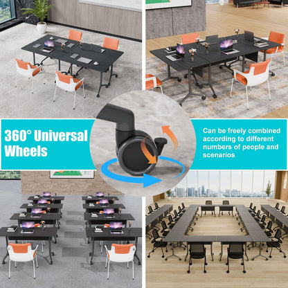 Modular Folding Conference Room Table with Wheels - 4 Pack Flip Top Mobile Training Table,Modern Meeting Tables 2-30 Person,Black,55.1"x21.6"x29.5"