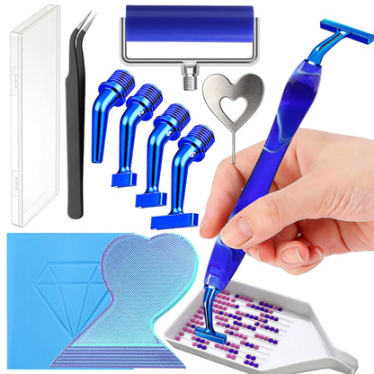 Diamond Painting Art Drill Bead Dot Pen Kit with Ergonomic 45° Screw Metal Tips Nibs Placers Roller Tool Accessories, Diamond Art Putty, Diamond Painting Tray, Tweezer (Blue 1246 Beads)