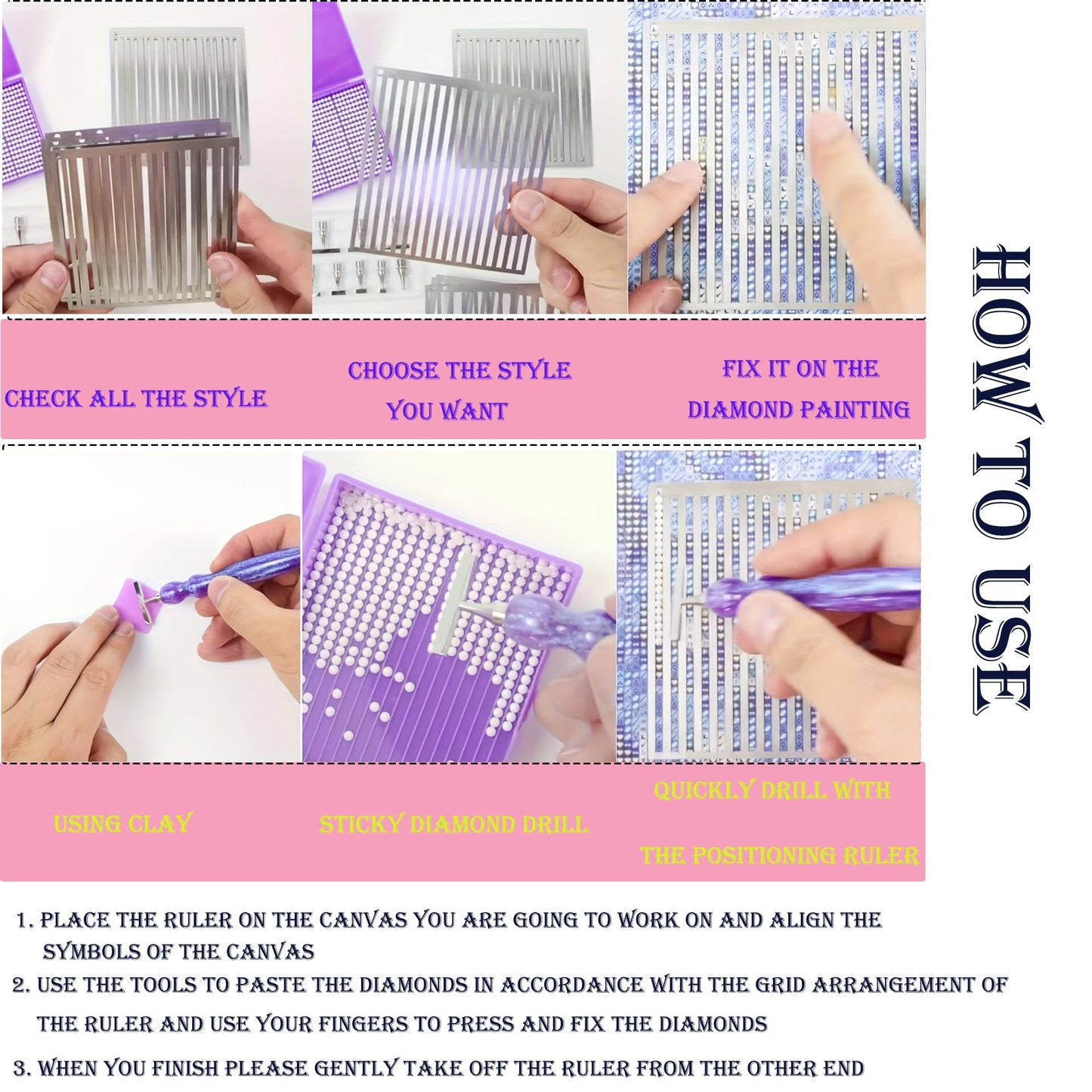 Diamond Painting Ruler Stainless Steel Diamond Art Ruler Alignment, Diamond Painting Guide Tools (Square-3Pcs(1,3,4 Rows))