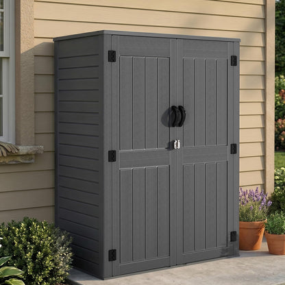 EHHLY Vertical Resin Storage Shed with 2 Shelves, 60 Cuft Garden Tool Sheds & Outdoor Storage, Plastic Outdoor Storage Cabinet Waterproof, 4.5 x 2.3 ft Backyard Outside Lawn Mower Storage Shed, Grey