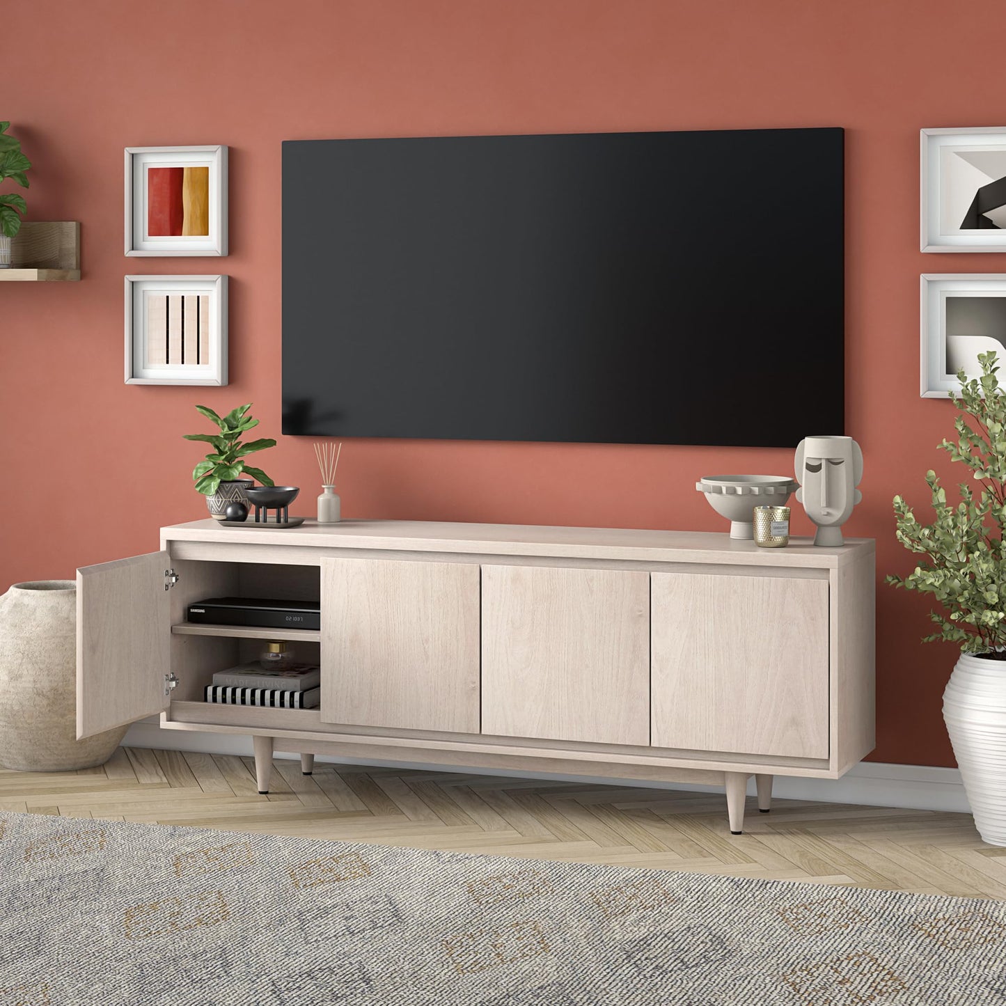 Henn&Hart TV Stand for TVs up to 75" with 2 Storage Cabinets with an Adjustable Shelf for Living Room, Family Room, or Office, Beech White