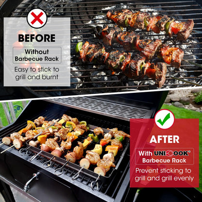 Unicook Upgraded Stainless Steel BBQ Shish Kabob Set, Large Foldable Grill Rack with 6pcs 13.5"L Barbecue Skewer, Keeps Kabobs from Sticking to the Grill Grate, 30pcs Bamboo Skewers as Bonus