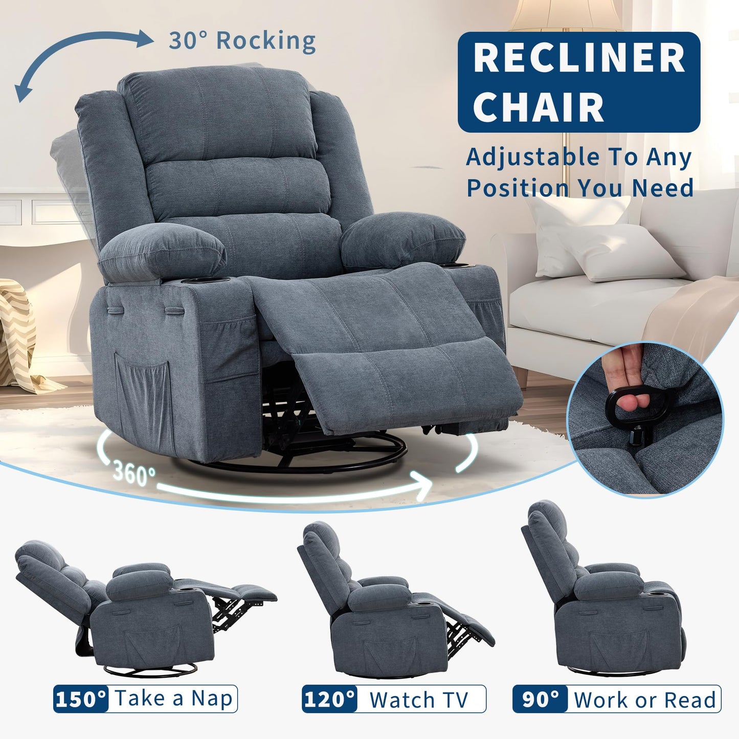 Rocking Recliner Chair for Adults Wide 360° Swivel Rocker Recliner with Cup Holder Nursery Glider with Upholstered Deep Seat Linen Lazy boy Chair for Living Room Blue