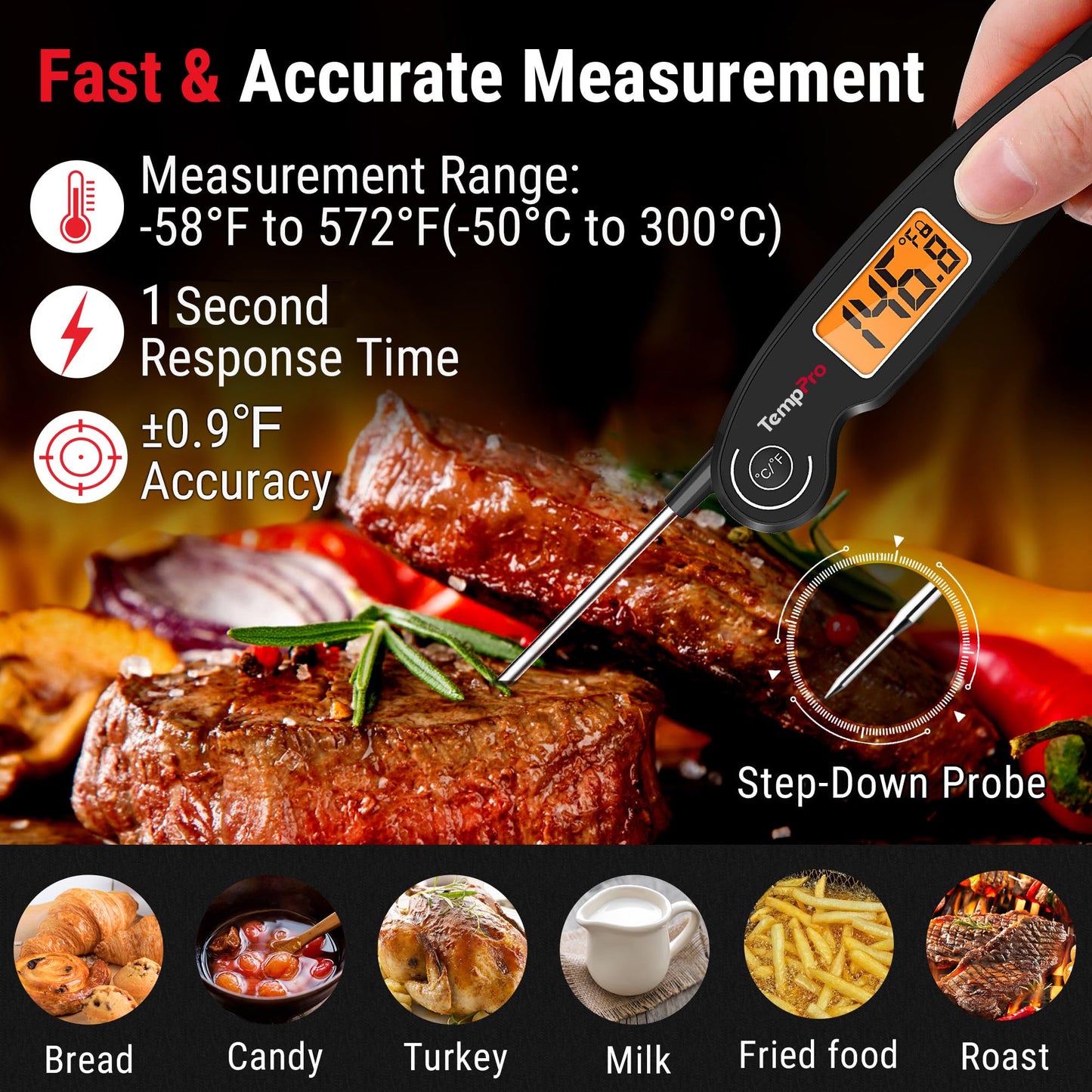 ThermoPro TP605 Instant Read Meat Thermometer for Cooking, Waterproof Digital Food Thermometer with Large Backlit LCD, 180° Foldaway Probe Kitchen Thermometer for Grilling, Smoking & Candy Making