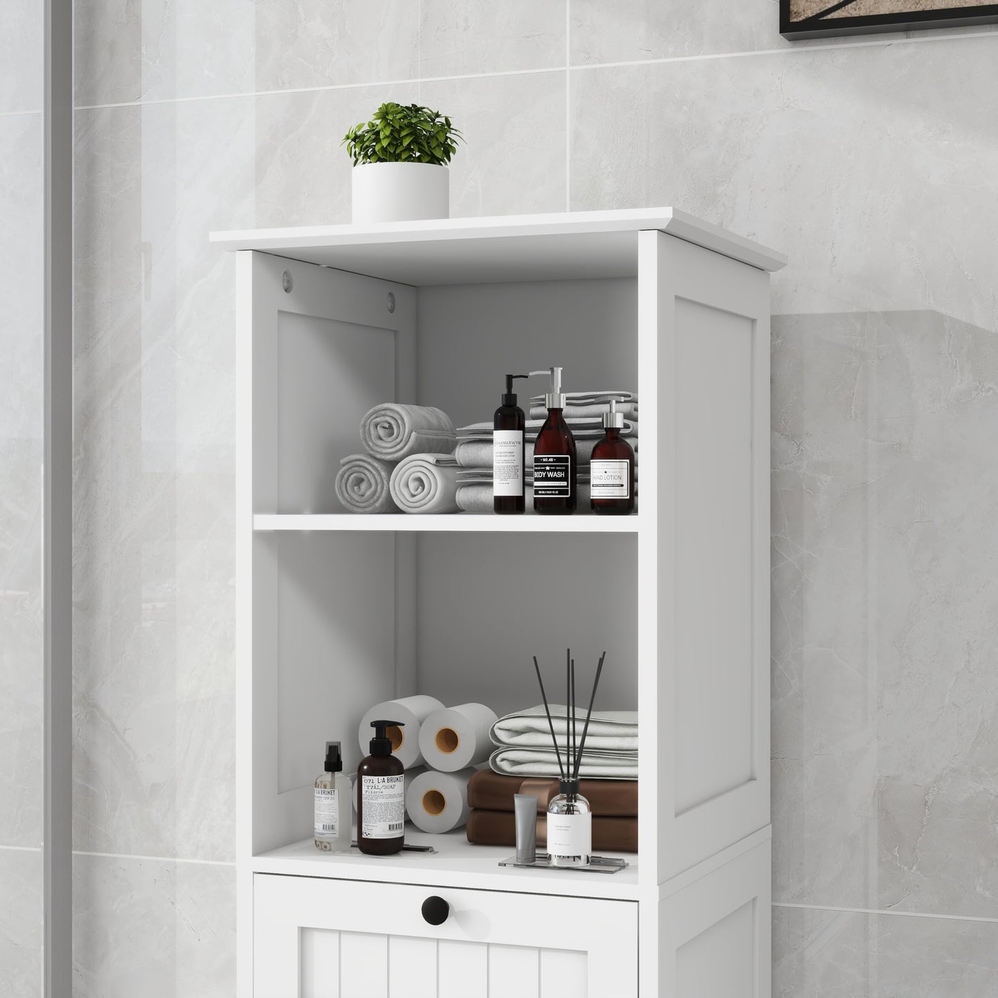 One Compartment One Drawer Tilt Out Laundry Sorter Cabinet White