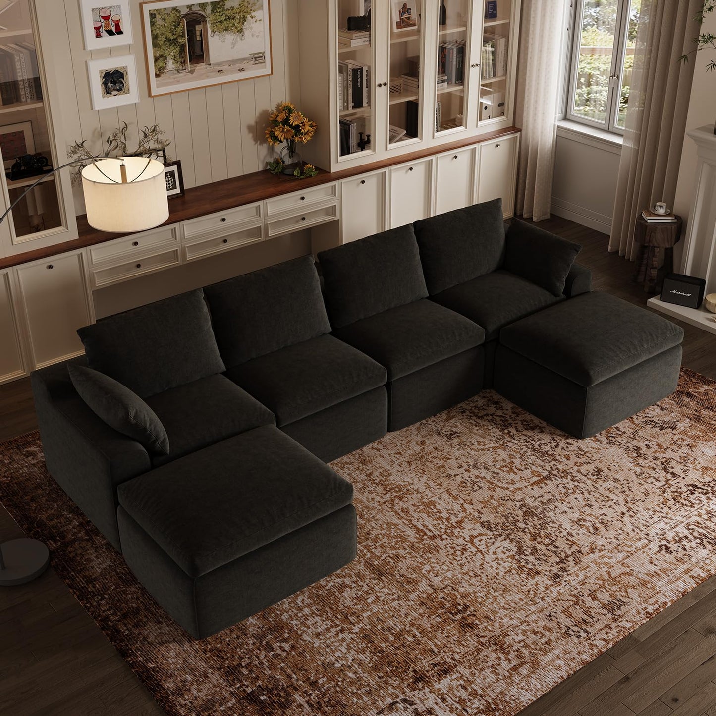Novilla 133.8" Modular Cloud Couch, Modern Sectional Sofa with Smarts Coil® Support, Chenille Fabric, Upholstered Couch for Living Room Apartments Bedroom, No Assembly, 4 Seater + 2 Ottoman, Dark Grey