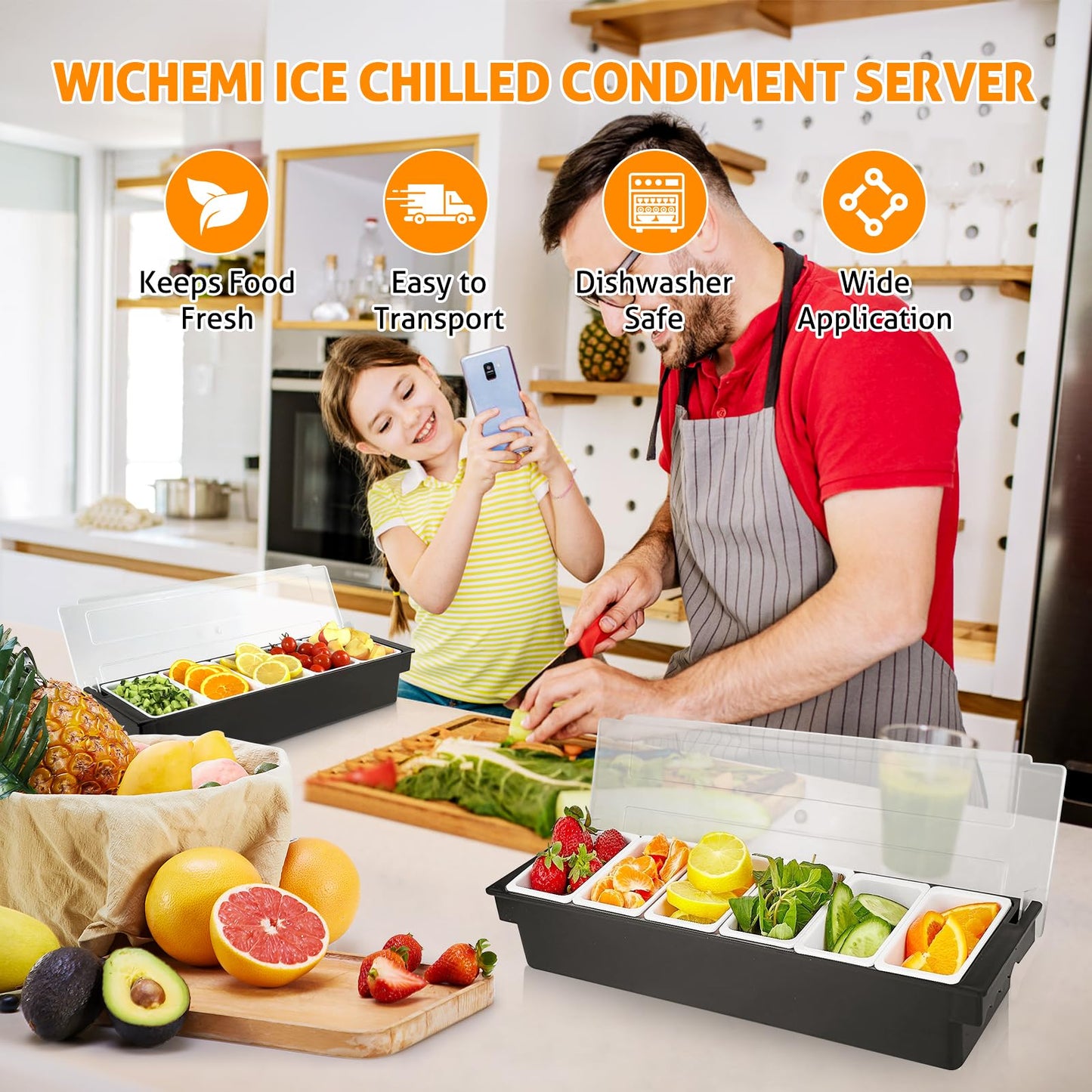WICHEMI Fruit, Veggie & Condiment Caddy with Lid Dispenser Tray Garnish Station for Bartending & Serving Taco, Ice Cream, Salad Bar - Topping Organizer for Restaurant Supplies (6 Compartment, 2 Pack)