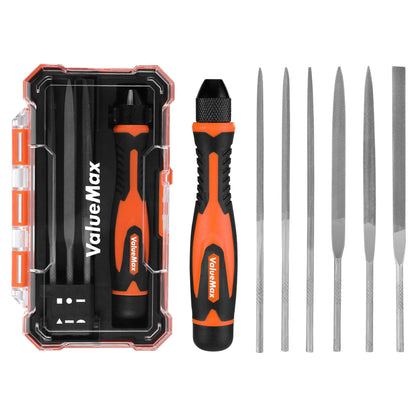 ValueMax 7PCS Interchangeable Needle File Set, Small File Set Includes Flat, Flat Warding, Round, Half-Round, Square, Triangular File and A Handle, Suitable for Shaping Metal, Wood, Jewelry, Plastic