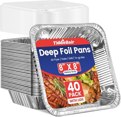 Skiennix 8x8 Aluminum Foil Pans - 40 Pack Disposable Baking Containers with Clear Lids | Perfect for Air Fryers