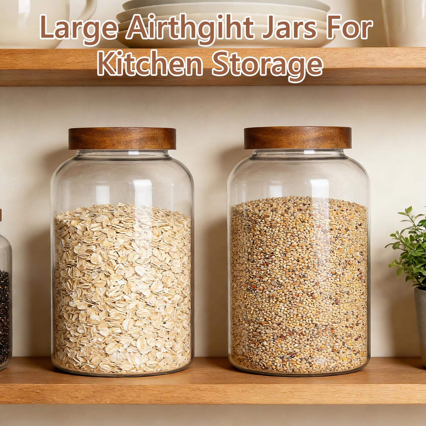 KEYWING 1 Gallon Large Glass Jars With Airtight Lid, 2Pcs Glass Food Storage Containers With Lids, Flour Rice Contianers for Pantry Kitchen Organization Egg Cookie Sugar Cereal (128 oz /3800ml)