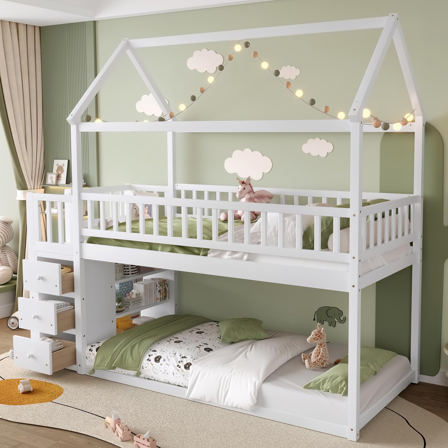 Bellemave Bunk Bed Twin Over Twin, Bunk Bed with Slides and Stairs, House Bunk Bed with roof, Twin bunk Bed for Kids, Teens, Kids bunk beds, White