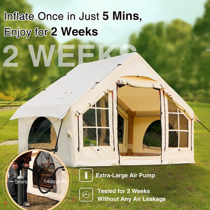 KNUO 2026 Upgraded Waterproof Inflatable Camping Tent for 2~4 People, Large Blow-Up Air Tent, No Assembly Needed Luxury Glamping House, 10x7.2ft Oxford Fabric, Beige