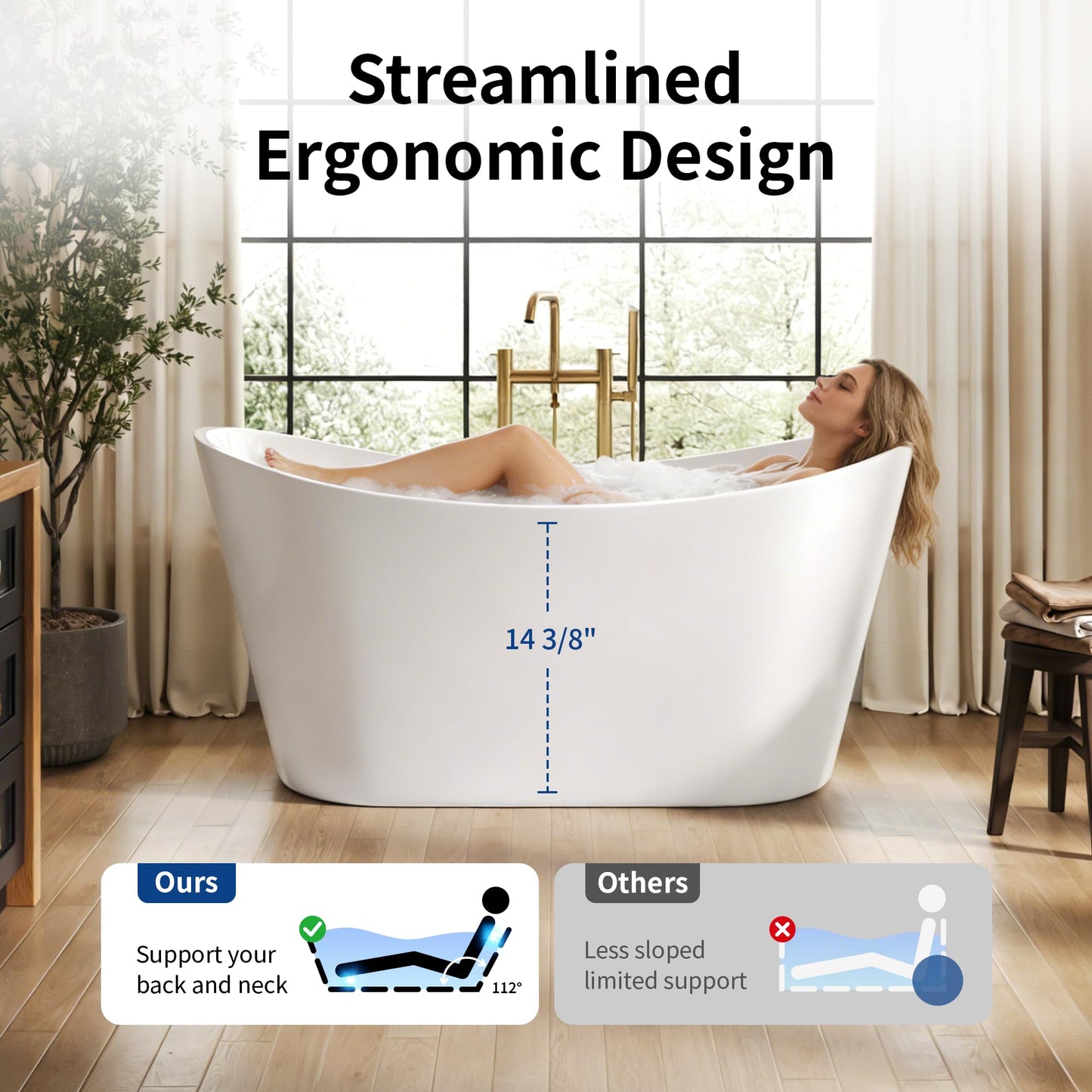 DeerValley 59" Free Standing Bathtub, Acrylic Soaking Tub with Center Drain & Integrated Overflow, Modern Standalone Shower Tub White, Deep Soaker, Ergonomic Design, DV-1T151S