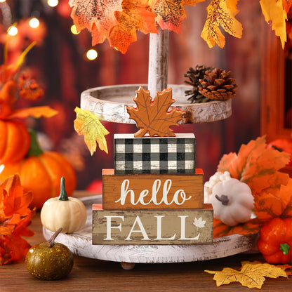 Briwooody 5 Pcs Thanksgiving Table Decor Wooden Reversible Maple Leaves Pumpkin Fall Tiered Tray Decor Thanksgiving Centerpiece Maple Leaves Pumpkin Block Signs Farmhouse Autumn Decoration for Home