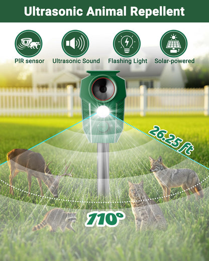 X-octenol Solar Ultrasonic Animal Repellent Outdoor - Deer Repellent Devices with Motion Sensor & Flashing Lights, Waterproof Deterrent for Yard Garden to Repel Cats, Squirrels, Raccoons
