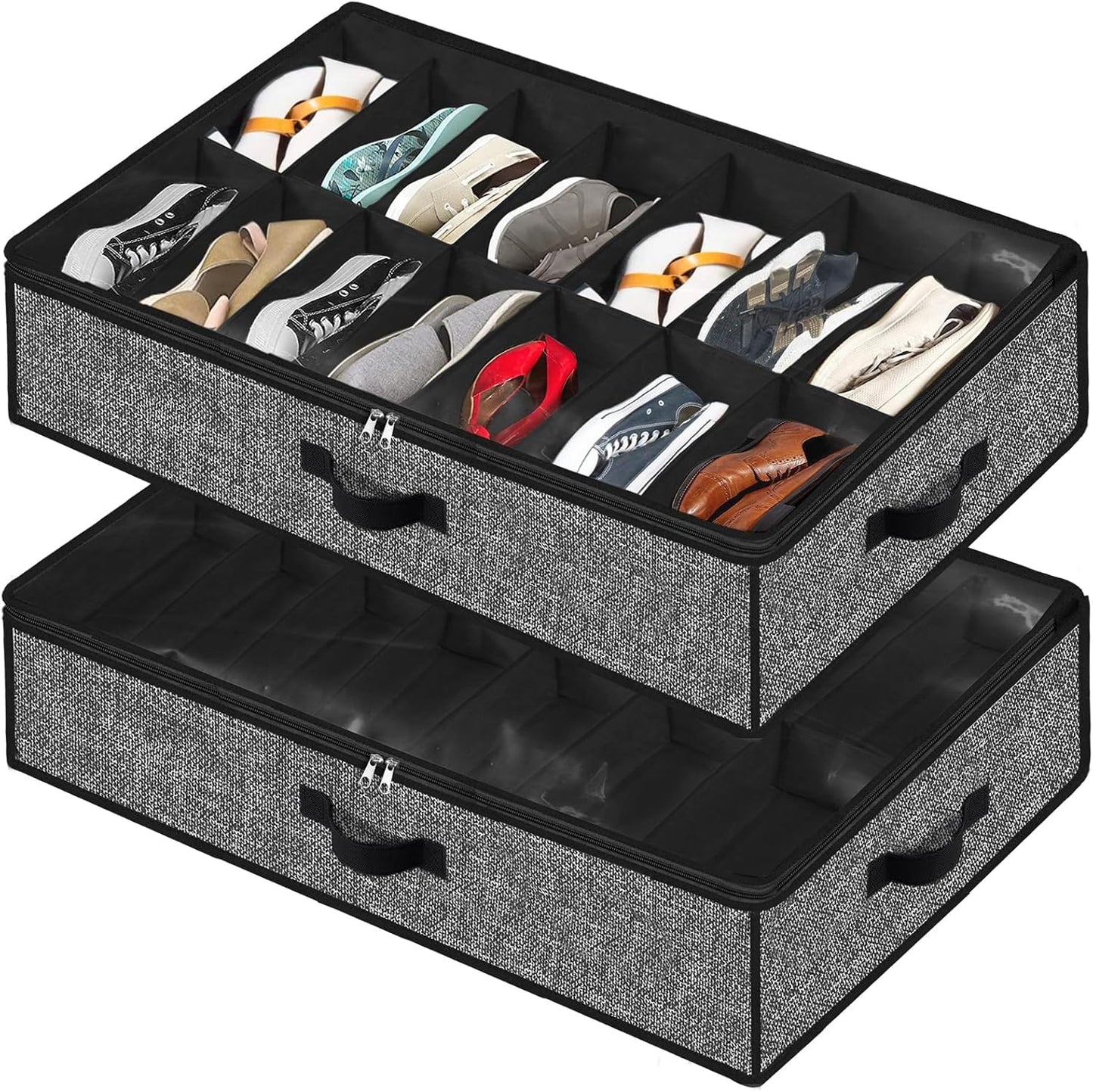 Under Bed Shoe Storage Organizer, 2 Pack Fits 32 Pairs, Clear Window, Foldable Shoe Rack Holder, Black
