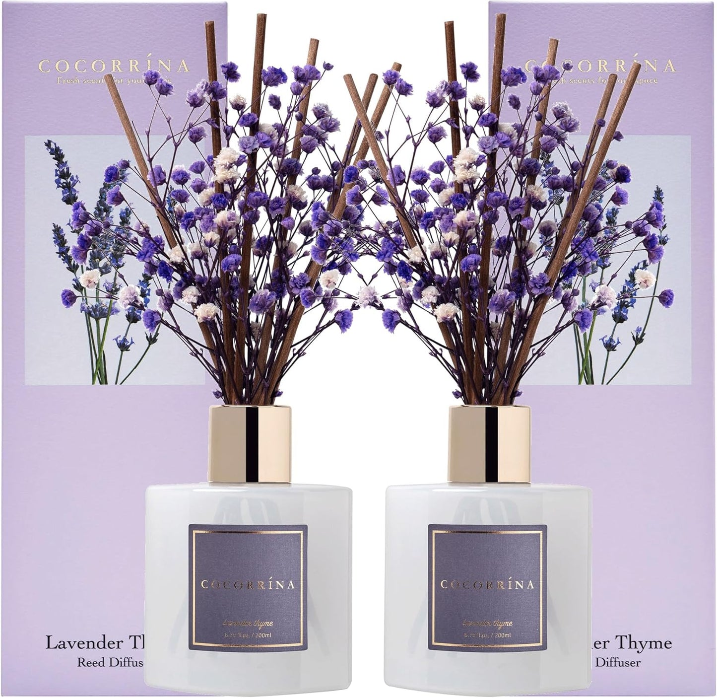 Set 2 Packs, 6.7oz Cocorrna Premium Reed Diffuser with Preserved Baby's Breath & Cotton Stick Lavender Thyme Scent