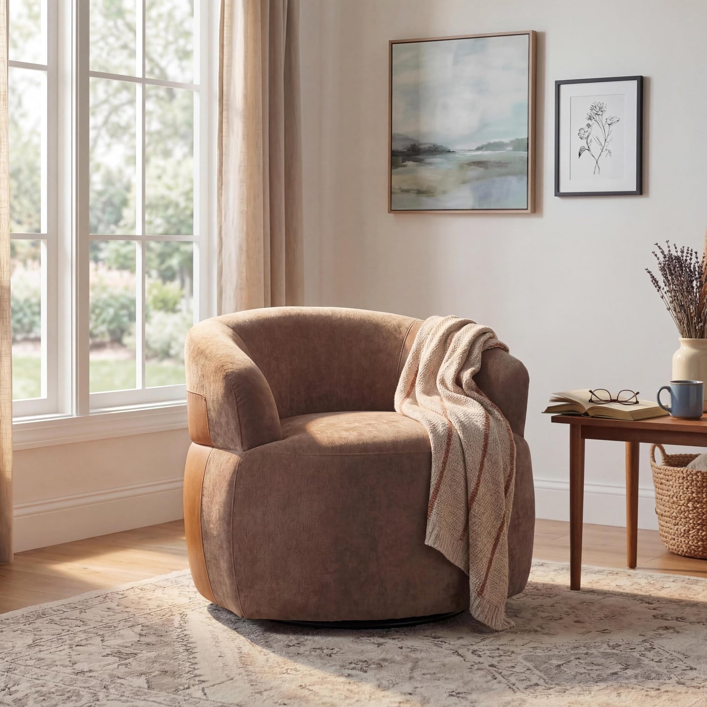 Christopher Knight Home Eldie Fabric Upholstered Swivel Accent Chair with PU Leather Accent, 360-Degree Rotation Armchair, Swivel Barrel Chair with Steel Base+Wood Frame, Lounge Chair Indoor, Brown