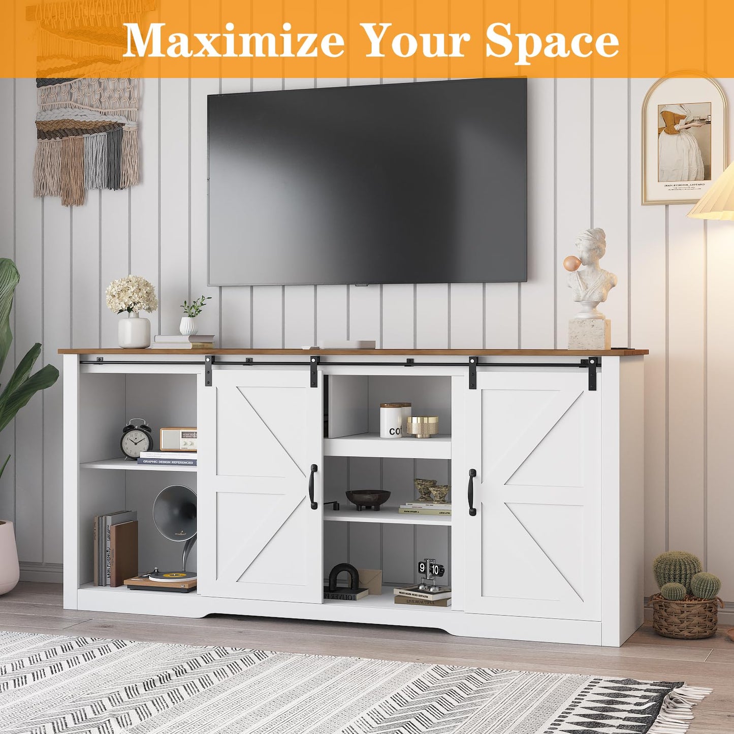 Garvee 70" Farmhouse TV Stands for 80" Television, Entertainment Center with Sliding Barn Door, Media TV Console Table with Storage & Adjustable Shelves for Living Room, White+Brown
