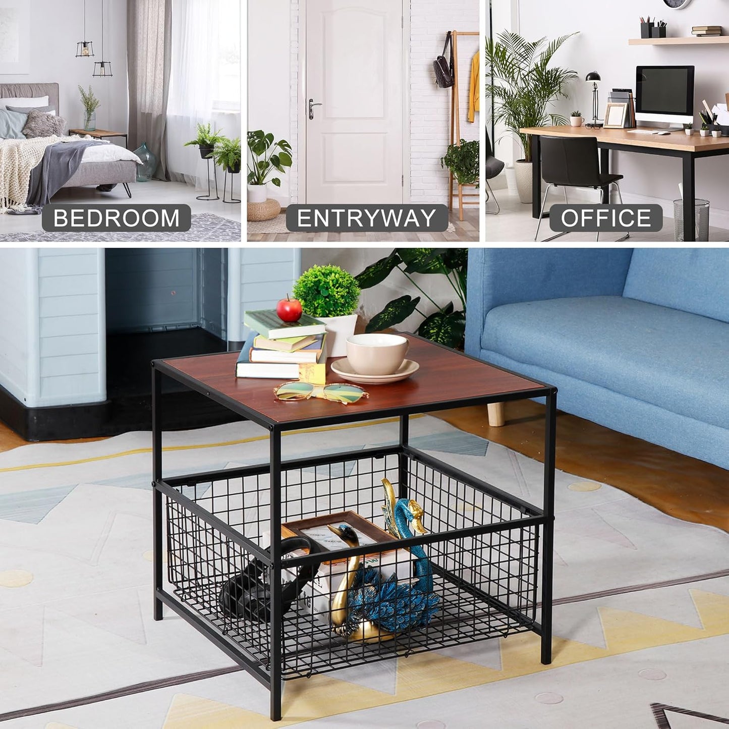 2 20 inch SUPER DEAL Tier Side Table with Mesh Basket, Square End Table Nightstand for Bedroom Living Room, Mini Fridge