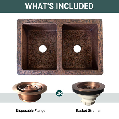 CT Copper Tailor 33" Copper Farmhouse Kitchen Sink 16 Gauge Thick, Hand-hammered Antique Copper 50/50 Double Bowl Sink,Strainer Included