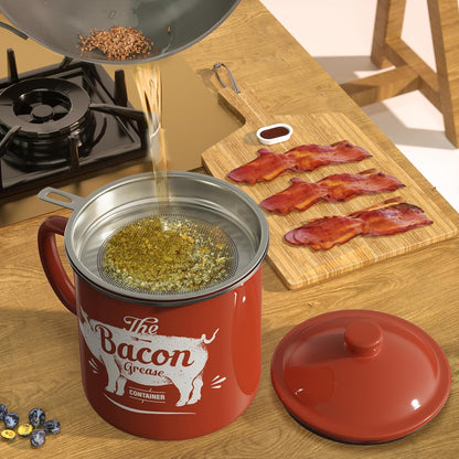 Skiennix Bacon Grease Container - 46oz Enamel Keeper with Strainer & Silicone Spatula | Red, Dishwasher Safe