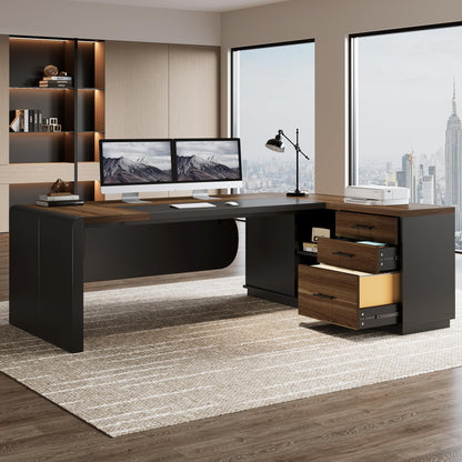 Tribesigns 80'' L-Shaped Desk, Large Executive Office Desk with 55'' Drawers Cabinet, Modern Commercial Office Table with Storage Shelves, Business Furniture for Home Office, Brown & Black