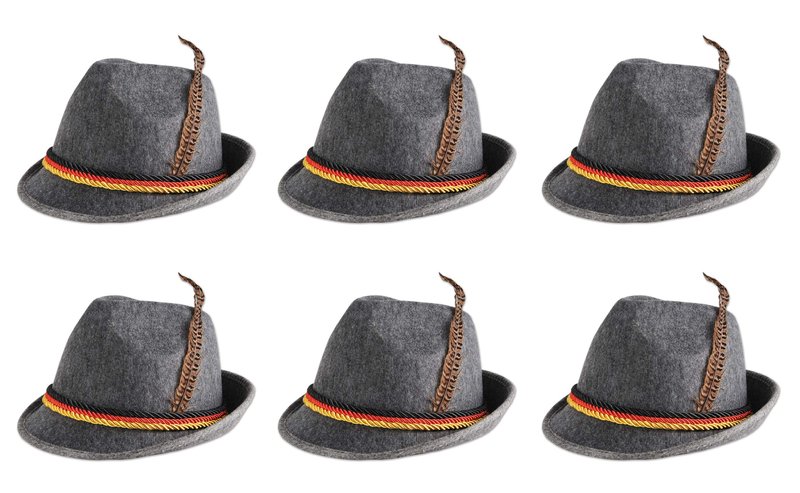 Beistle German Alpine Hats 6-Count Traditional Gray Felt Bavarian Hats with Real Feather and German Flag Rope Detail for Oktoberfest Beer Festivals and Themed Celebrations