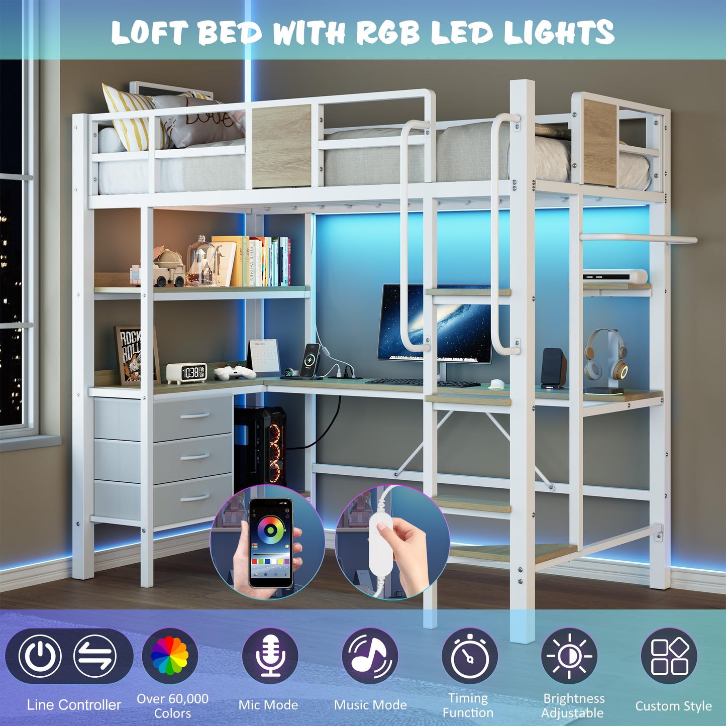GarveeLife Twin Size Loft Bed Frame with Desk and Storage Shelves, Metal Loft Bed with Ladder and Full-Length Guardrails, Space Saving Kids Bed with Built-in Workstation for Bedroom, White