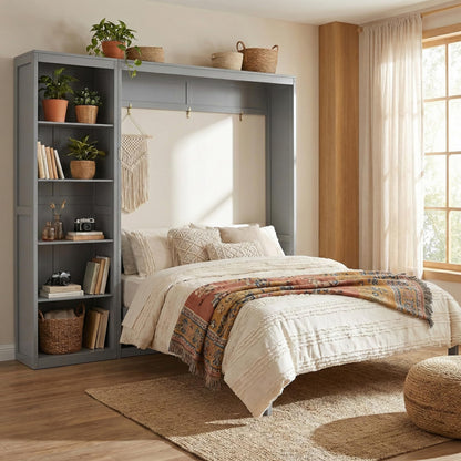 Merax Space-Saving Gray Murphy Bed Queen Size with Adjustable Storage Shelves, Multifunctional Foldable Wall Bed for Small Spaces Studio Study Office Guest Room