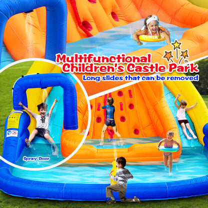 WELLFUNTIME Inflatable Water Slide, Bounce House with Water Bucket, Deep Pool, Climbing Wall with Rope, Bouncy Castle with Air Blower