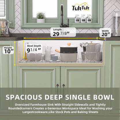 TUKTUK White Farmhouse Sink 30X20 inch Fireclay Farm Sink Apron Undermount Kitchen Sink Single Bowl Extra Wide Large Capacity Drop-in Modern Kitchen Sink with Luxury Bottom Grid & Strainer