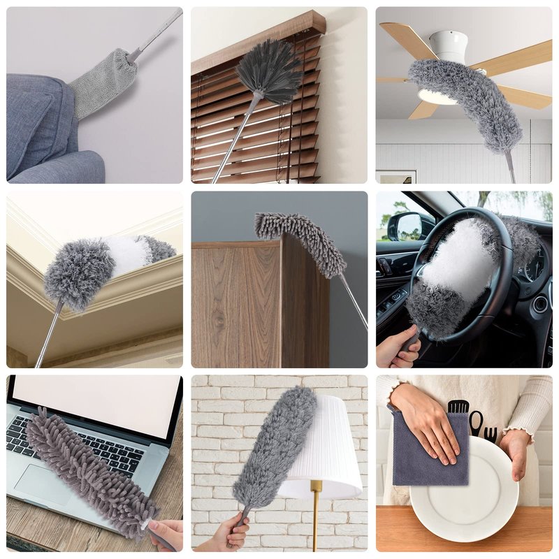 DEEHYO Microfiber Duster for Cleaning Fan, High Ceiling, Blinds, Furniture, Cars , 9PCS Extendable Feather Duster (Stainless Steel) 30 to 100 Inches, Reusable Bendable Washable