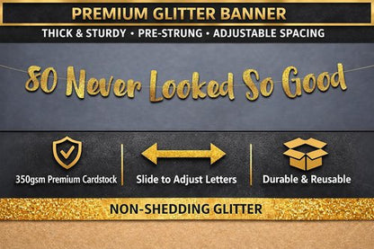 Gold Glitter Banner by Pre-Strung | 80th Birthday Decorations for Men & Women - Perfect Party Supplies