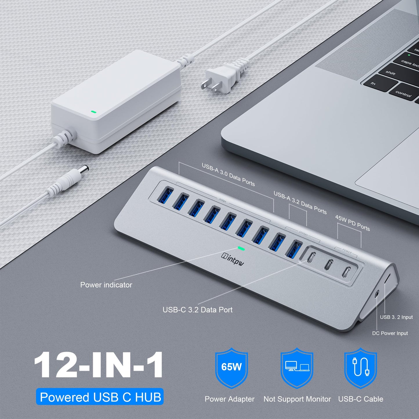 Powered USB Hub 10Gbps, intpw 9-Port USB 3.2 Hub, USB C Hub with USB A/USB C 3.2, 4 USB 3.0, 2 PD 45W Charging Ports, 65W Power Adapter and 3.3FT Cable, Aluminum USB Hub for Laptop, iPhone 16/15, PC