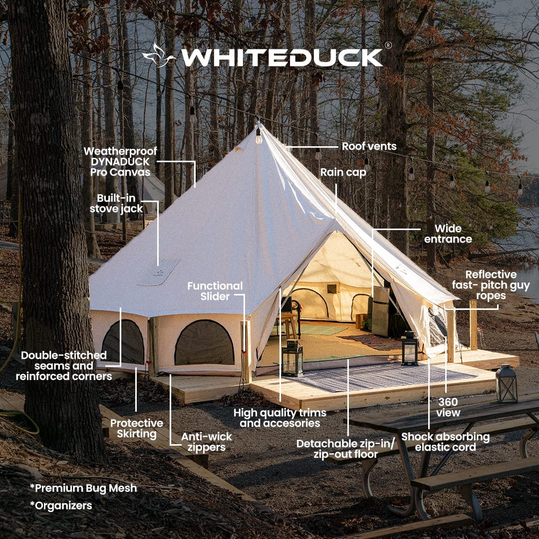 WHITEDUCK Avalon Canvas Bell Tent - Luxury All Season Tent for Camping & Glamping Made from Premium & Breathable 100% Cotton Canvas w/Stove Jack, Mesh (13' (4M), Fire Water Repellent)