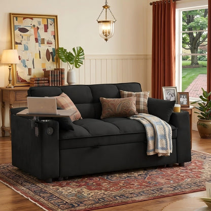 Eafurn Convertible Sleeper Sofa Bed with 360° Swivel Table & USB Ports, Tufted Chenille Loveseat Pull-Out Couch with Storage Armrest & Cup Holders, 6-Level Adjustable Backrest