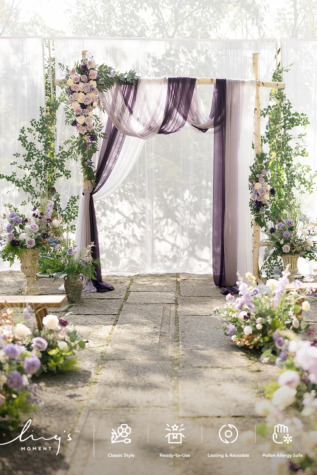 Ling's moment Wedding Arch Flowers with Sheer Drapes Kit - Artificial Purple and Gold Rose Floral Arrangements for Ceremony Backdrop, Arbor Decor, 5-Piece Set (2 Flower Stems + 3 Hanging Drapes)