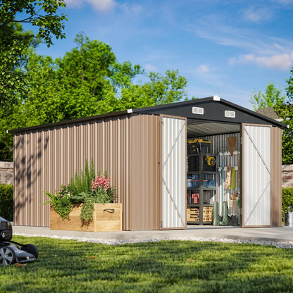 Aoxun 10 x 12FT Outdoor Storage Shed with Double Hinged Large Door Metal Sheds Outdoor Storage for Garden Utility Garden Shed with Lockable Door & Sloped Roof, Backyard, Patio and Backyard, Brown